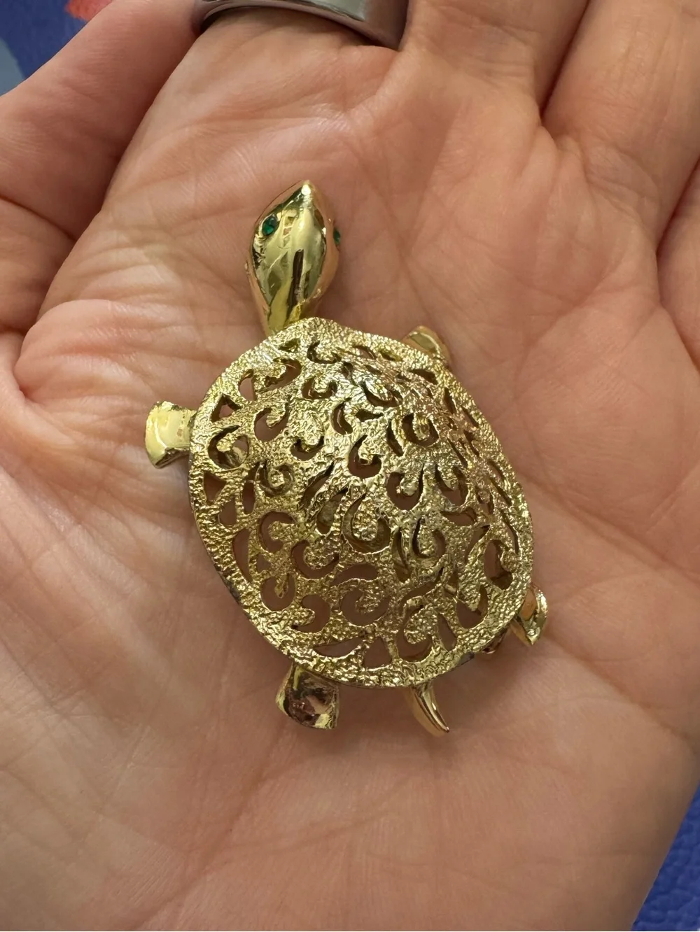 Gold-tone Turtle Decorative Reptile Brooch with Green Eyes